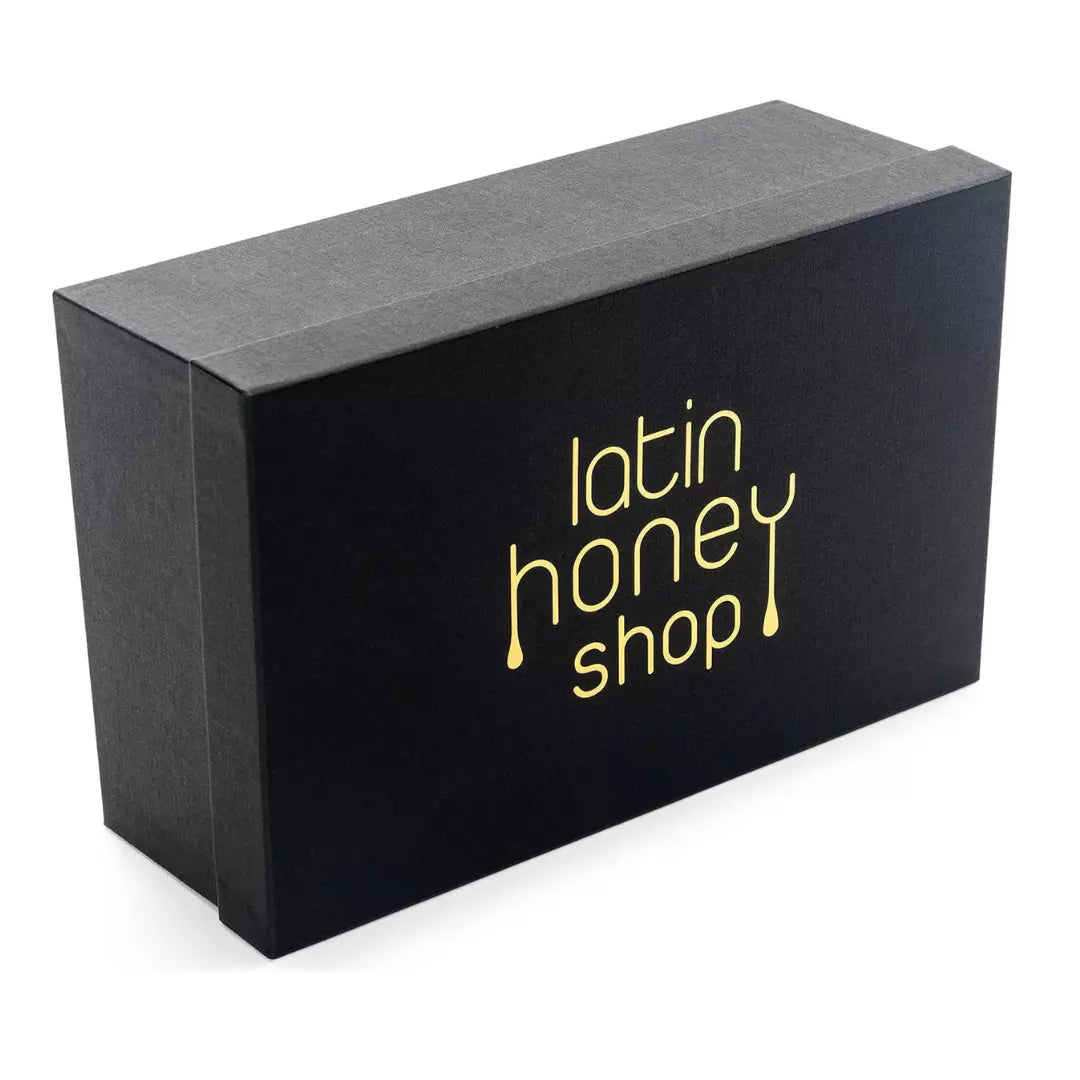Black Gift box with 'latin honey shop' text on a white background