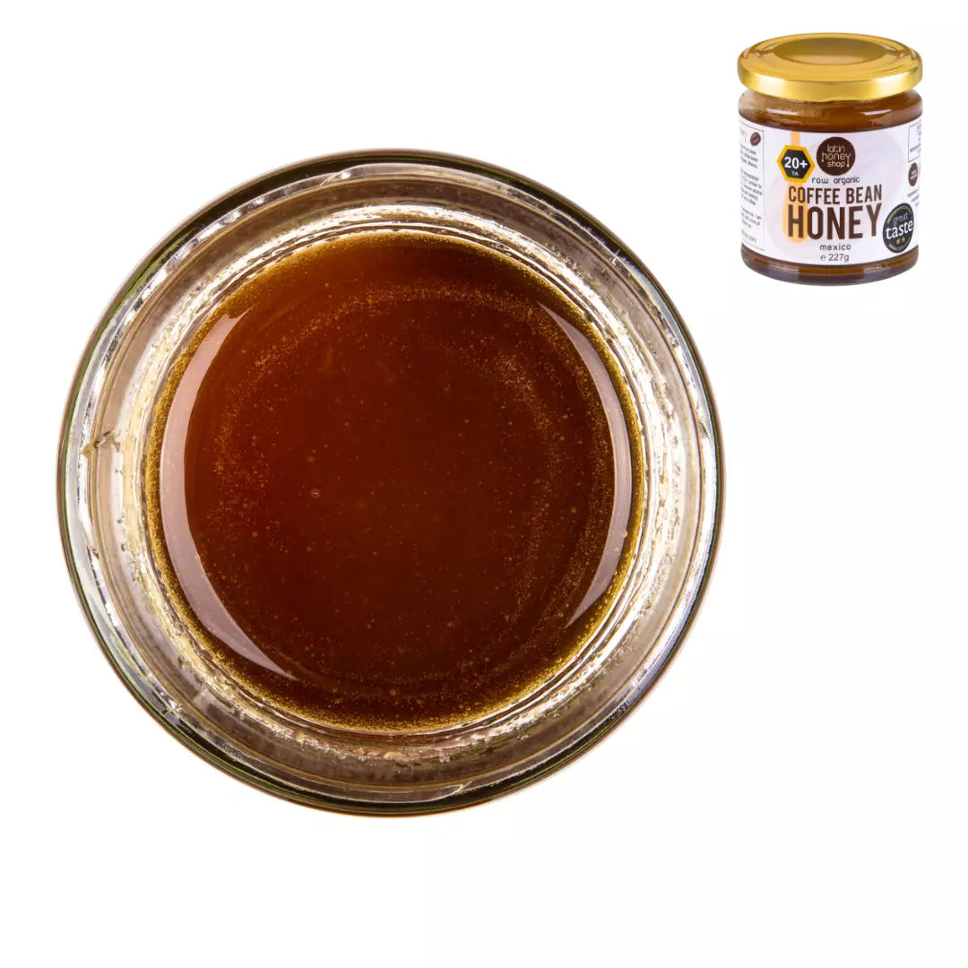 Jar of coffee bean honey with a smaller inset image of the honey jar's label.