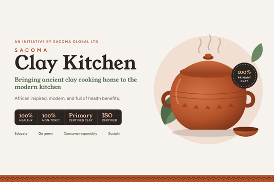 Sacoma Clay Kitchen cover: an unglazed terracotta clay pot with steam and a small bowl, with the title Sacoma Clay Kitchen and 100% primary clay badge