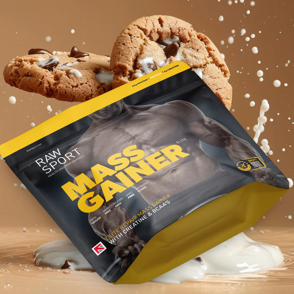 Mass gainer supplement package with cookies on a brown background