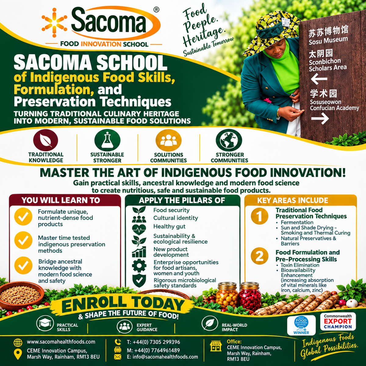 A promotional poster for the Sacoma Food Innovation School, featuring a smiling woman in a green apron holding a basket of produce on the right side. The left side contains large text detailing the school's offerings in indigenous food skills, preservation techniques, and key areas of study, with various colorful icons and logos at the bottom.