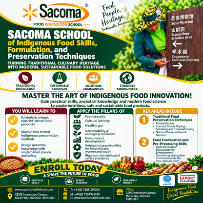 A promotional poster for the Sacoma Food Innovation School, featuring a smiling woman in a green apron holding a basket of produce on the right side. The left side contains large text detailing the school's offerings in indigenous food skills, preservation techniques, and key areas of study, with various colorful icons and logos at the bottom.
