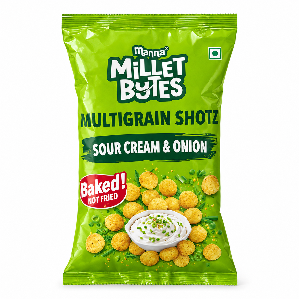 A bag of Manna Millet Bites Multigrain Shotz in Sour Cream & Onion flavor, featuring a bright green packaging design with an illustration of golden millet balls and a bowl of sour cream dip.