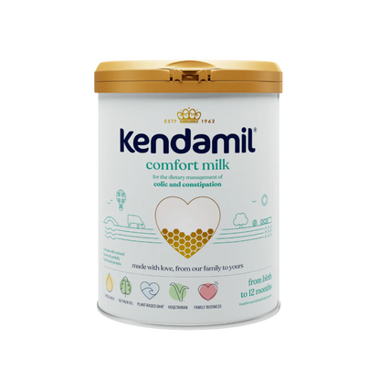 A tin container of Kendamil Comfort Milk baby formula, with branding and information about the product displayed on the label.