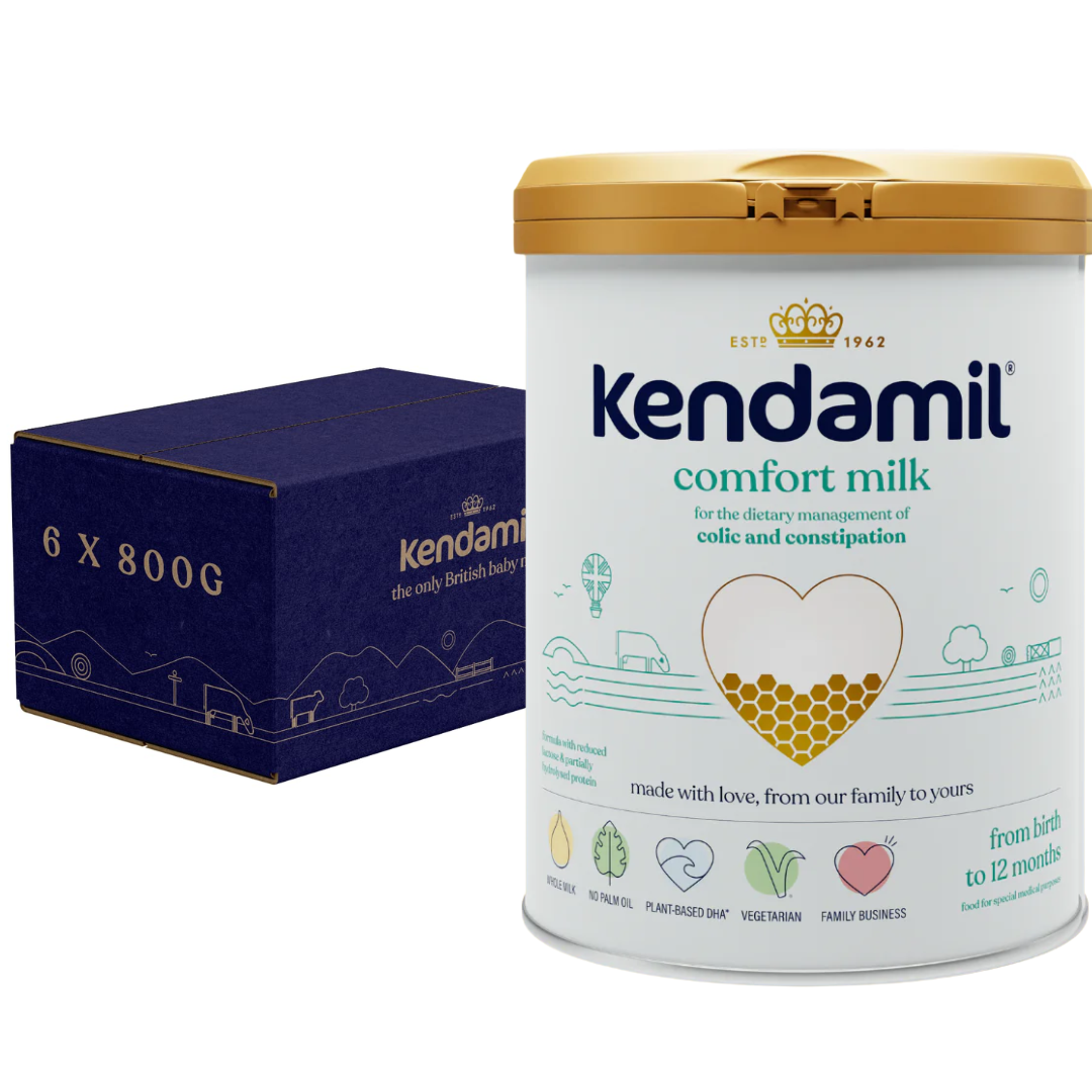 A tin container of Kendamil Comfort Milk baby formula, with branding and information about the product displayed on the label.