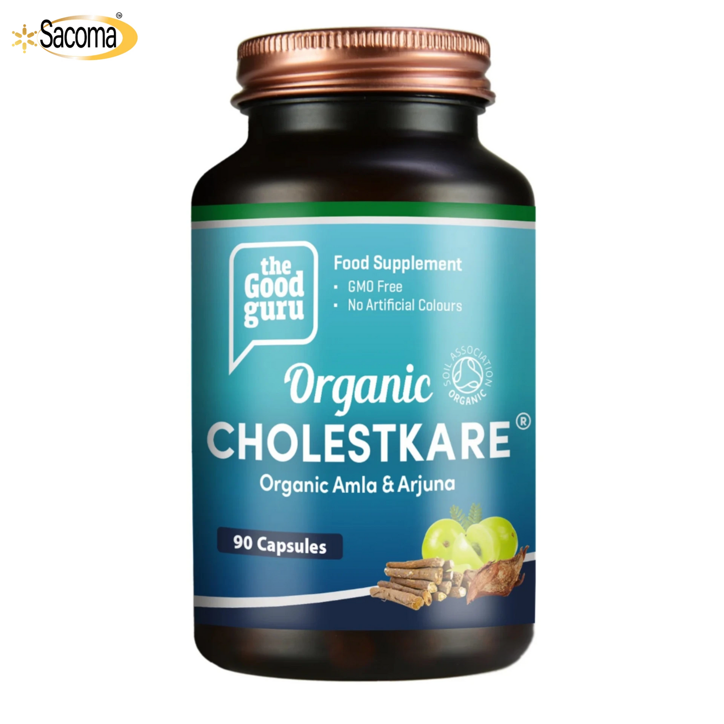 Supplement bottle labeled 'Organic Cholestkare' by 'The Good Guru' on a white background