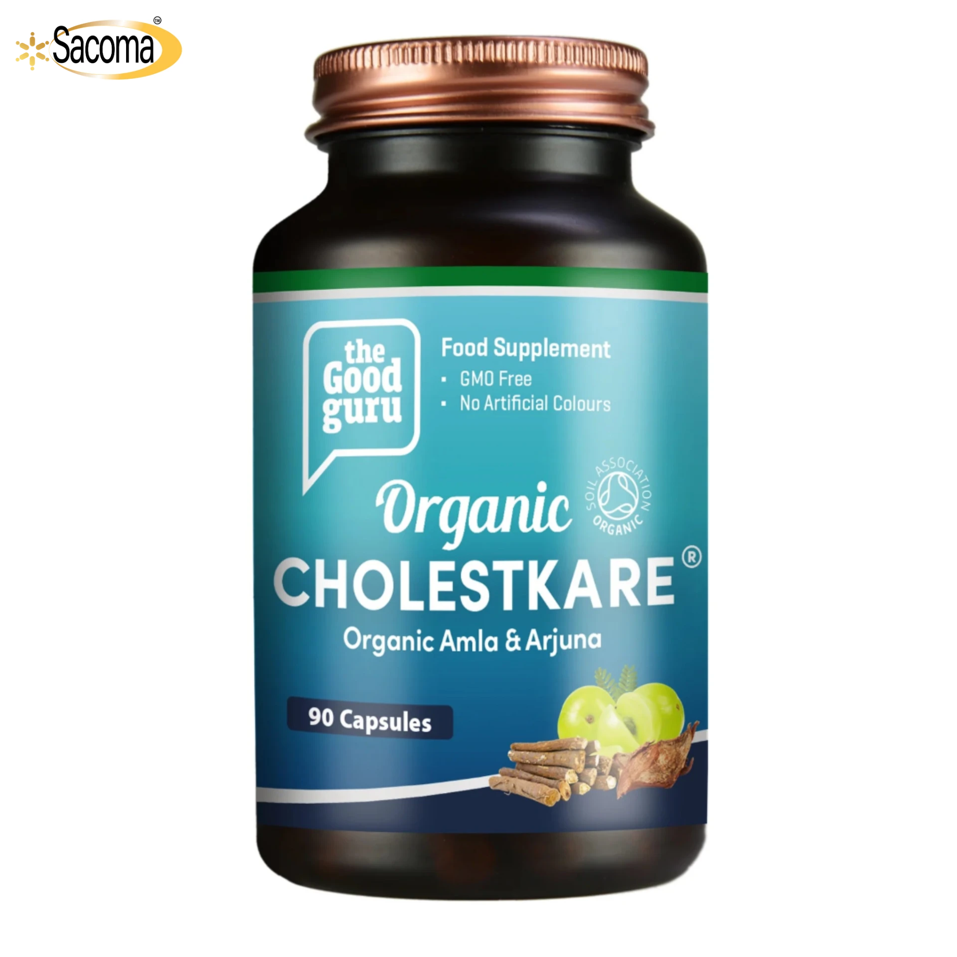 Supplement bottle labeled 'Organic Cholestkare' by 'The Good Guru' on a white background