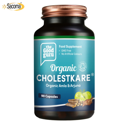 Supplement bottle labeled 'Organic Cholestkare' by 'The Good Guru' on a white background