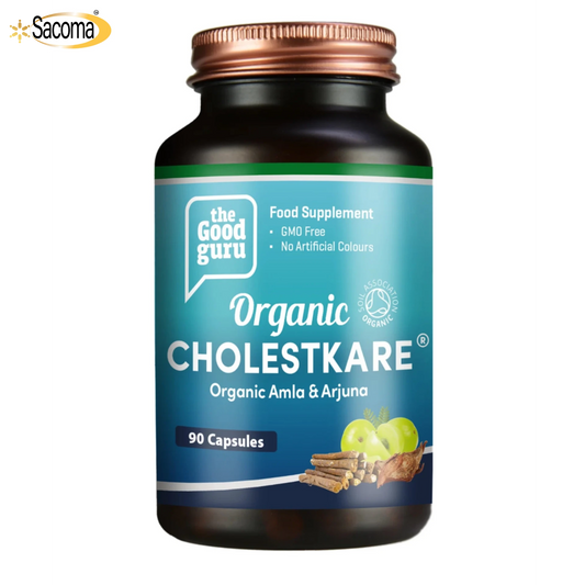 Supplement bottle labeled 'Organic Cholestkare' by 'The Good Guru' on a white background