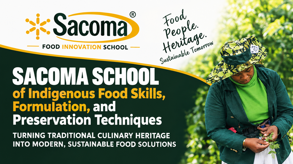 Promotional graphic for Sacoma School of Indigenous Food Skills, featuring the Sacoma logo, school tagline, and text about food preservation techniques, alongside a woman outdoors wearing a green jacket and camouflage hat while harvesting.