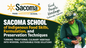 Promotional graphic for Sacoma School of Indigenous Food Skills, featuring the Sacoma logo, school tagline, and text about food preservation techniques, alongside a woman outdoors wearing a green jacket and camouflage hat while harvesting.