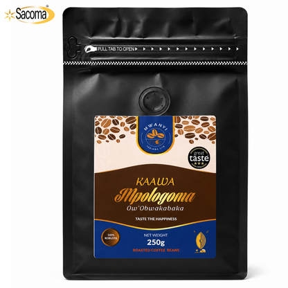 A 250g bag of Kaawa Moplogoma Roasted Coffee Beans by Sacoma, in a black resealable stand-up pouch with a colorful front label.
