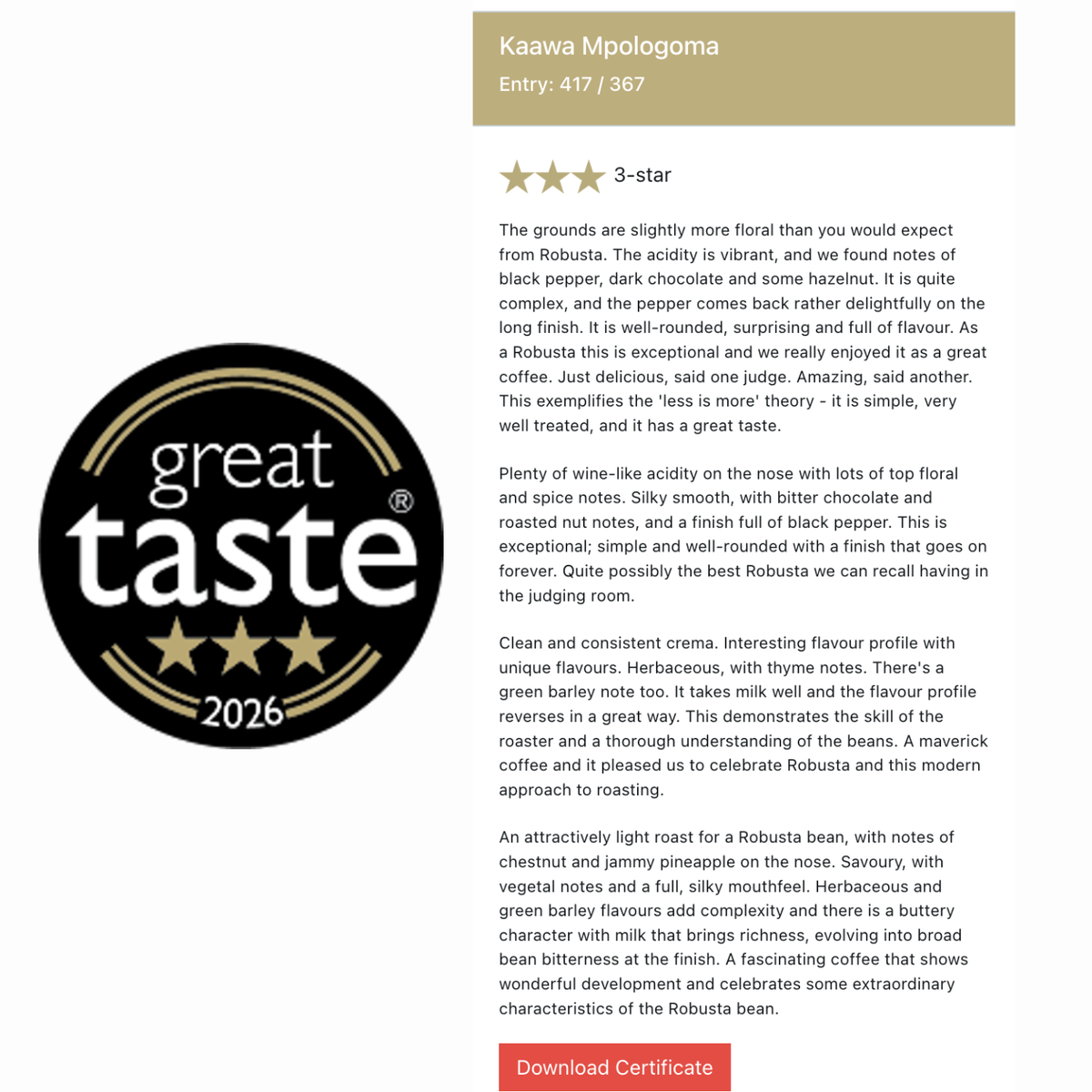 A digital certificate of appreciation for coffee from Great Bassett Roastery, featuring a 3-star rating for Kaawa Mpolomoga, with a wine-style award seal and a red 'Download Certificate' button at the bottom.
