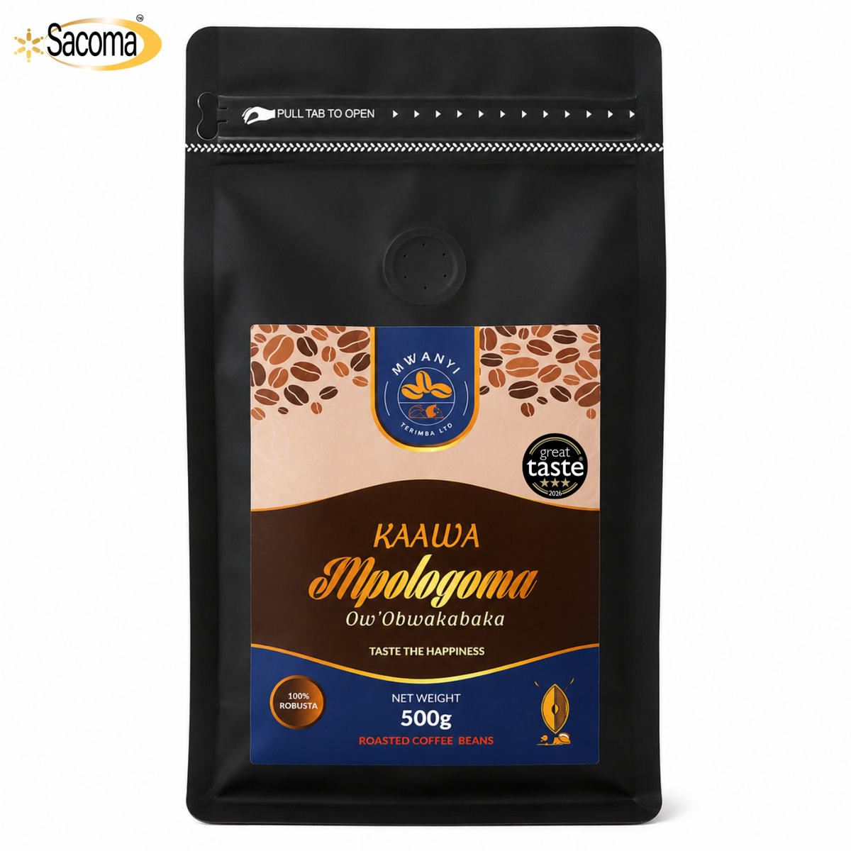 A 500g stand-up pouch of Kaawa Mplogoma Owo'Obuakabaka roasted coffee beans. The packaging is primarily black with a large front label featuring brown, gold, and blue colors, and a Sacoma logo in the top left corner.