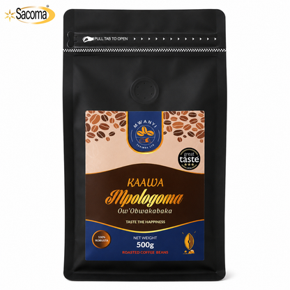 A 500g stand-up pouch of Kaawa Mplogoma Owo'Obuakabaka roasted coffee beans. The packaging is primarily black with a large front label featuring brown, gold, and blue colors, and a Sacoma logo in the top left corner.