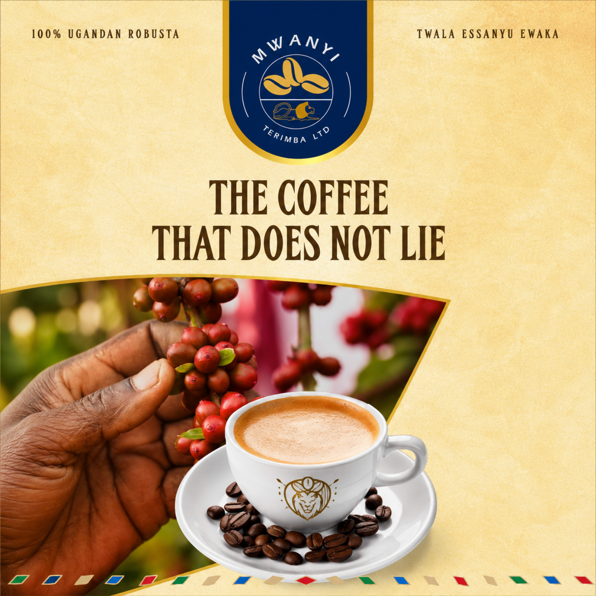 Coffee package design with the brand name Mwanyi Terimba Ltd, featuring a cup of coffee on a saucer with coffee beans, coffee cherries, and a hand holding coffee beans on a beige textured background.