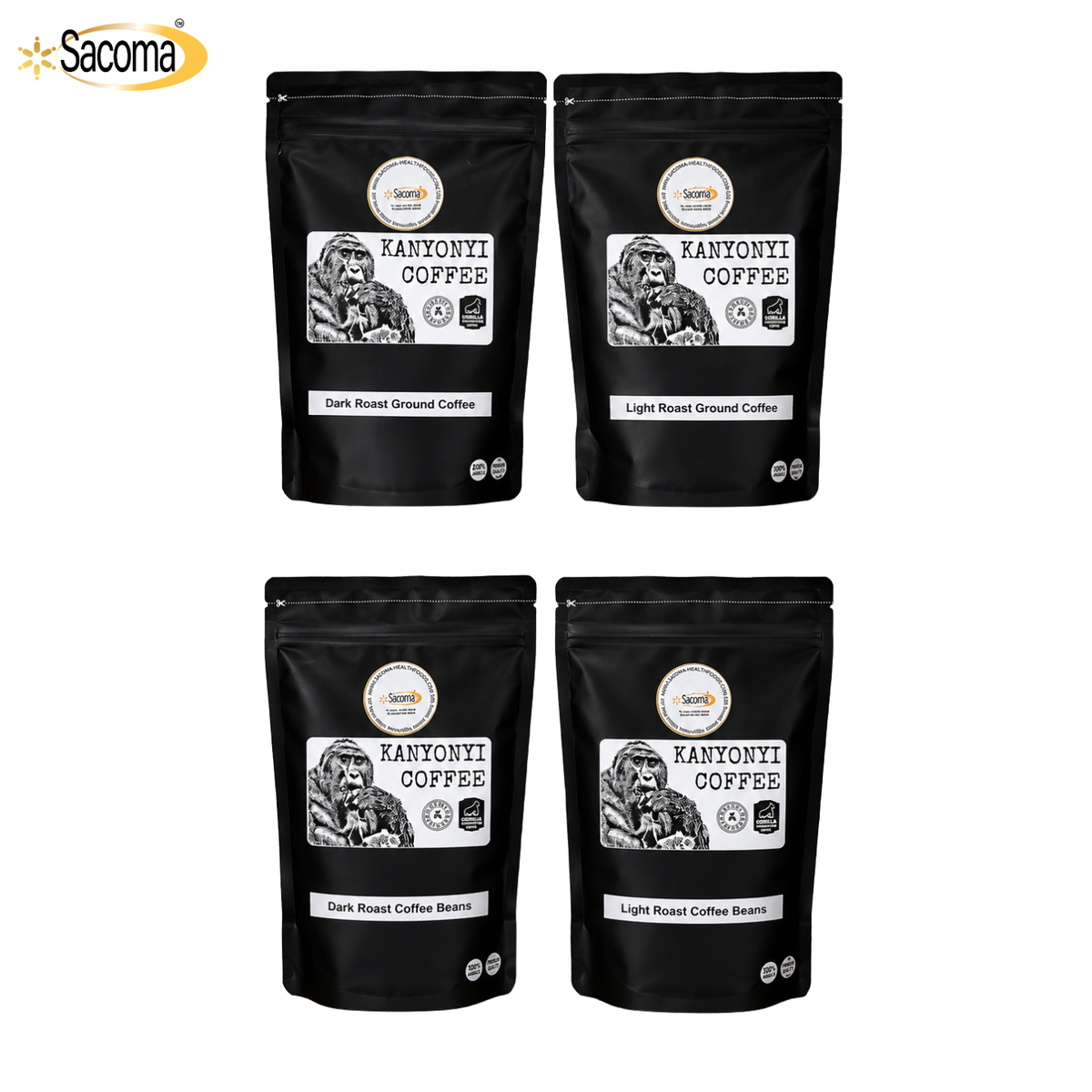 Four black stand-up coffee pouches arranged in a 2x2 grid on a white background, with the Sacoma logo in the top-left corner. Each pouch is labeled Kanyoni Coffee, showing dark roast and light roast ground coffee options.