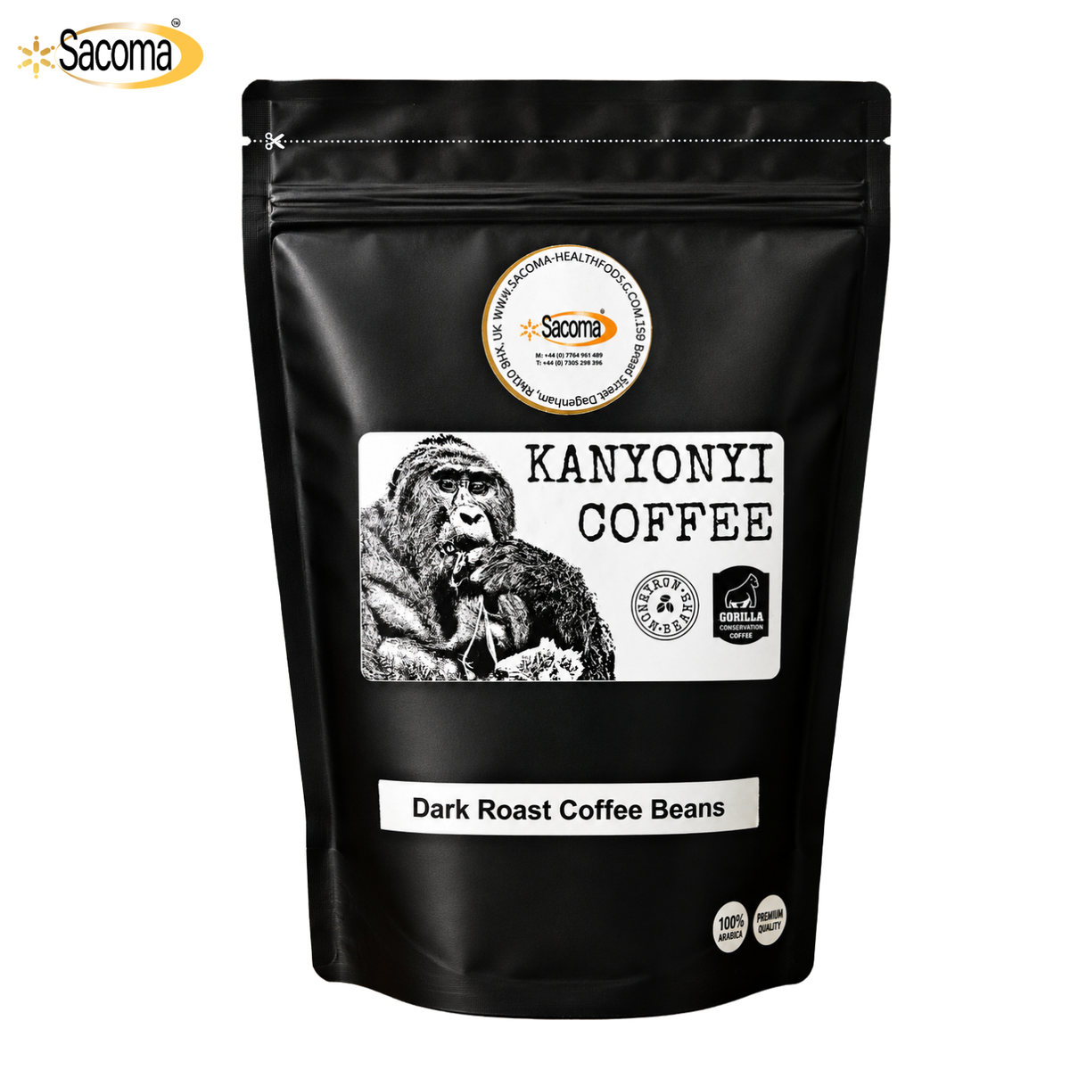 A black stand-up pouch of Sacoma Kanyoni Coffee Dark Roast Coffee Beans, featuring a white label with a gorilla illustration and product details, on a white background.