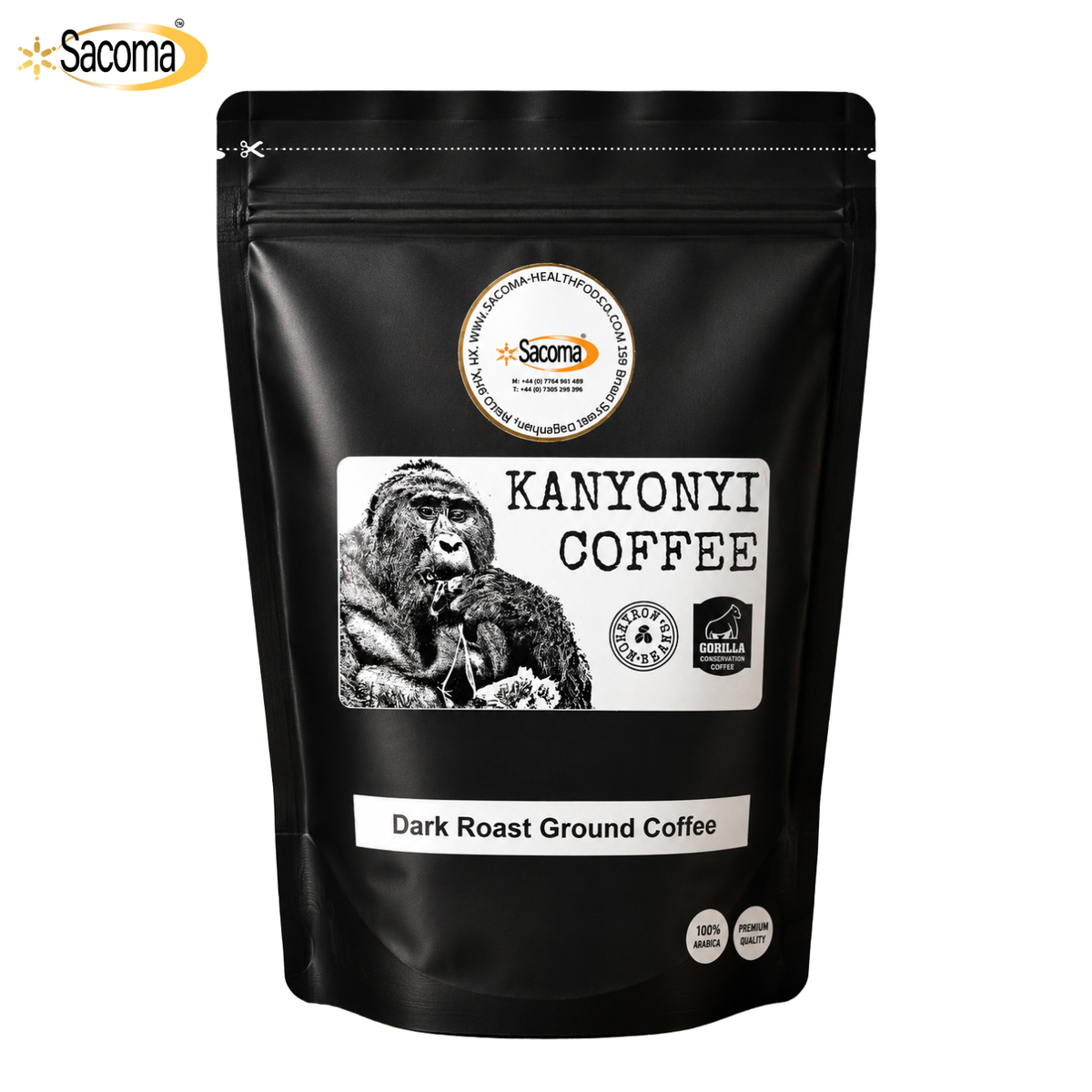 A black stand-up pouch of Sacoma Kanyoni Coffee Dark Roast Ground Coffee, featuring a white label with a black-and-white gorilla illustration and product details, on a white background.