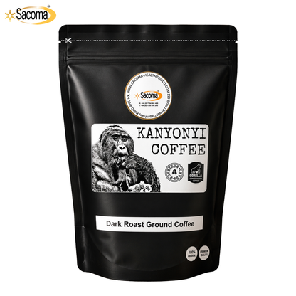 A black stand-up pouch of Sacoma Kanyoni Coffee Dark Roast Ground Coffee, featuring a white label with a black-and-white gorilla illustration and product details, on a white background.