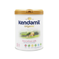 A canister of Kendamil Organic First Infant Milk, with a label showing a green field and cow , indicating it is organic.