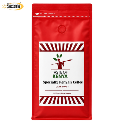 A red stand-up pouch of Sacoma Taste of Kenya Specialty Kenyan Coffee, Dark Roast, 100% Arabica Beans, shown on a plain white background.