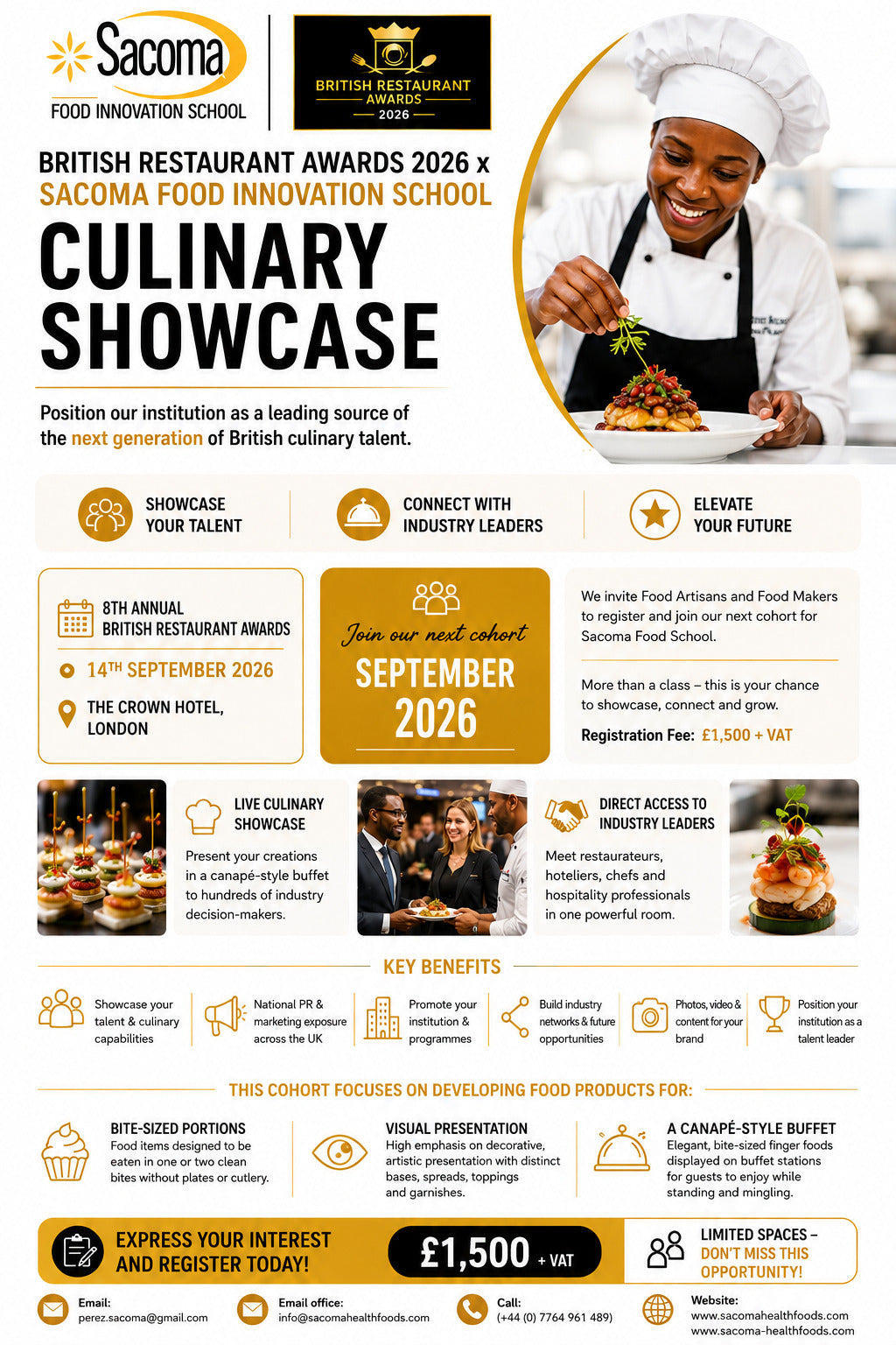 A promotional flyer for the 'British Restaurant Awards 2026 x Sacoma Food Innovation School Culinary Showcase' held at The Crown Hotel, London, in September 2026. The flyer features a gold and white color scheme with text, photos of chefs and food preparation, and a circular inset showing a hand holding a fork.