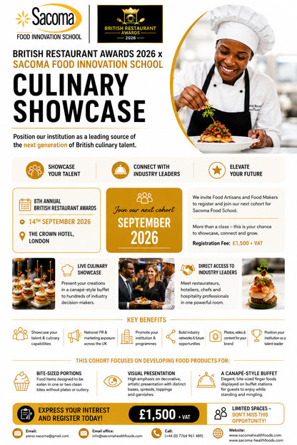 A promotional flyer for the 'British Restaurant Awards 2026 x Sacoma Food Innovation School Culinary Showcase' held at The Crown Hotel, London, in September 2026. The flyer features a gold and white color scheme with text, photos of chefs and food preparation, and a circular inset showing a hand holding a fork.