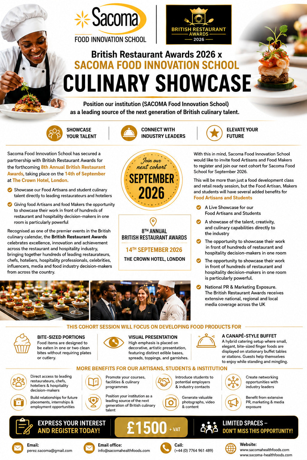 A promotional flyer for the 'Culinary Showcase' event at the Sacoma Food Innovation School, dated September 14th, 2026. The flyer features the Sacoma logo, a black and white photograph of a chef, and multiple text sections detailing the event's focus on developing food products for British restaurants.