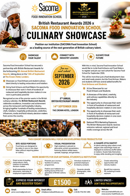 A promotional flyer for the 'Culinary Showcase' event at the Sacoma Food Innovation School, dated September 14th, 2026. The flyer features the Sacoma logo, a black and white photograph of a chef, and multiple text sections detailing the event's focus on developing food products for British restaurants.